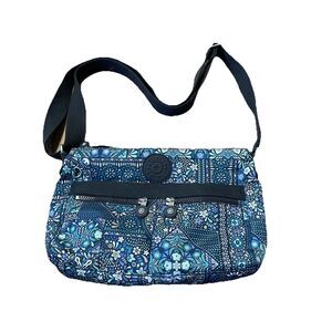 Kipling Angie Travel Cross Body Purse Bag Teal Blue Floral Storage Pocket Travel